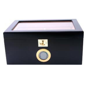 Matte black desktop cigar humidor with premium humidification, digital hygrometer, and glass top