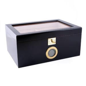 Cigar humidor for 100 cigars with matte black finish, digital humidity gauge, and glass viewing top