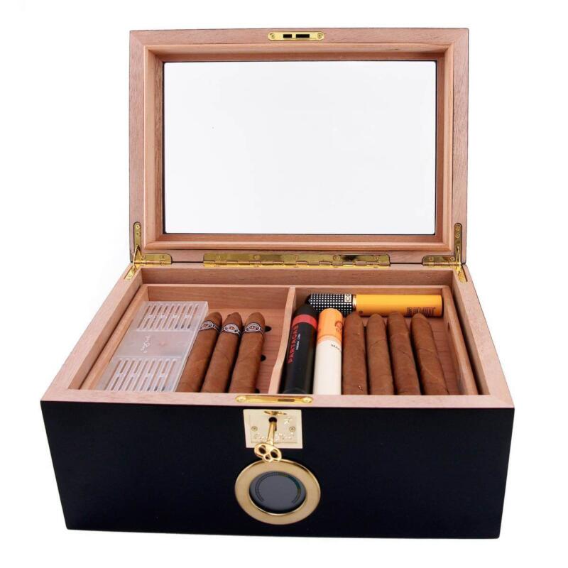 black cigar humidor with digital hygrometer