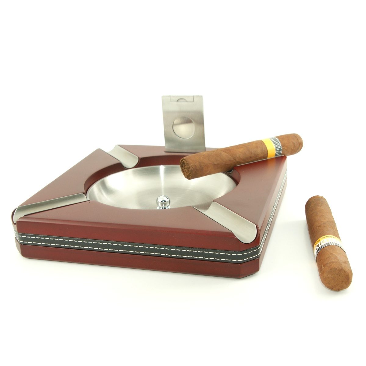 4 CIGAR ASHTRAY Cherry with Leather Wrap and Free Bonus Cutter Cigar
