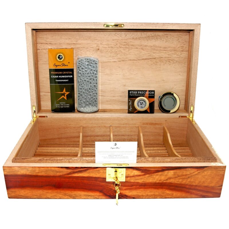 Luxury Padouk wood cigar humidor with magnetic seal under lid