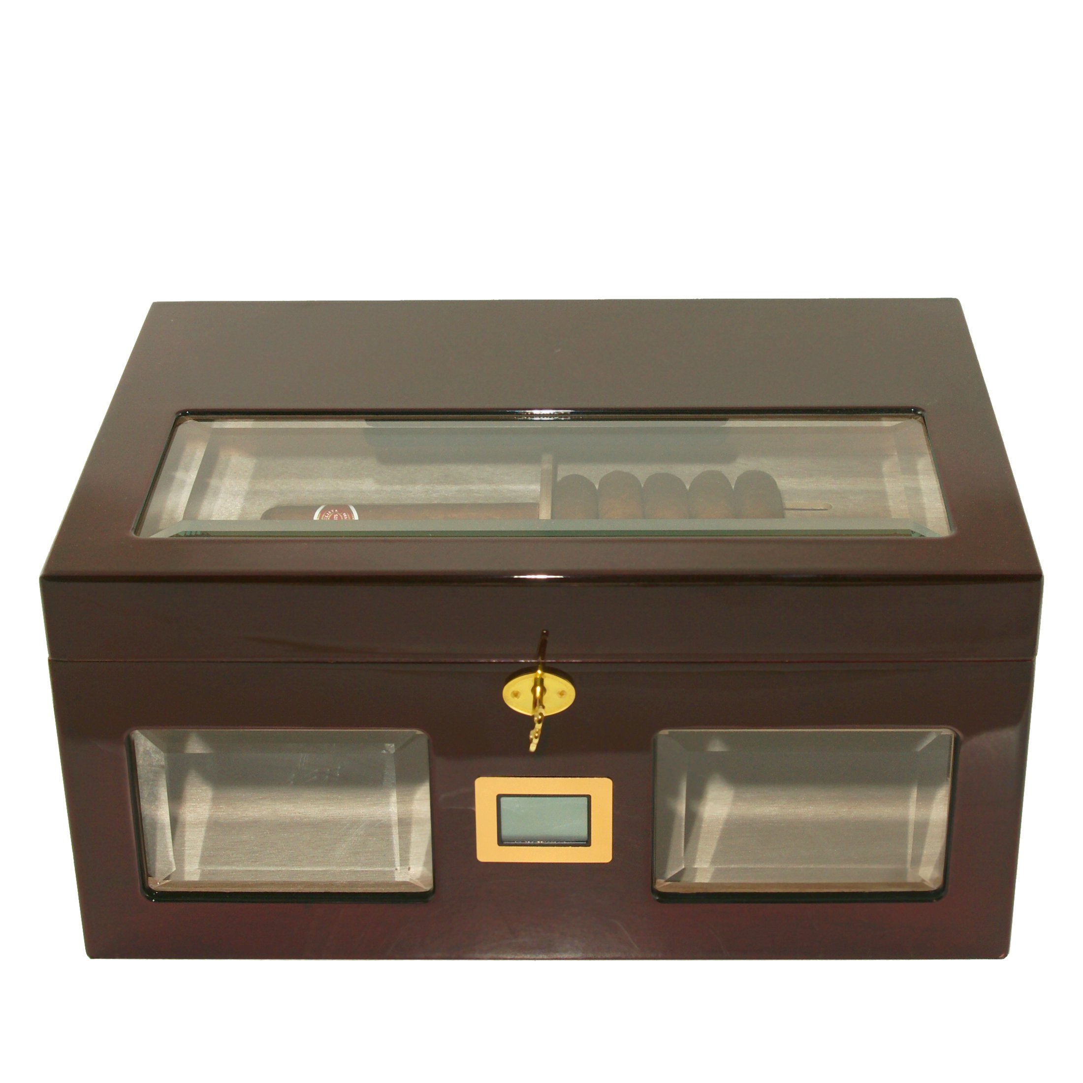125 BROWN CIGAR HUMIDOR 3 BEVELLED GLASS WINDOWS & DIGITAL HYGROMETER
