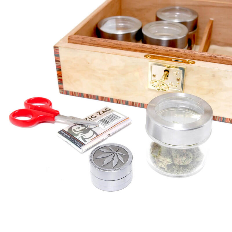 Cannabis storage accessories beside a Cigar Star cannabis storage humidor
