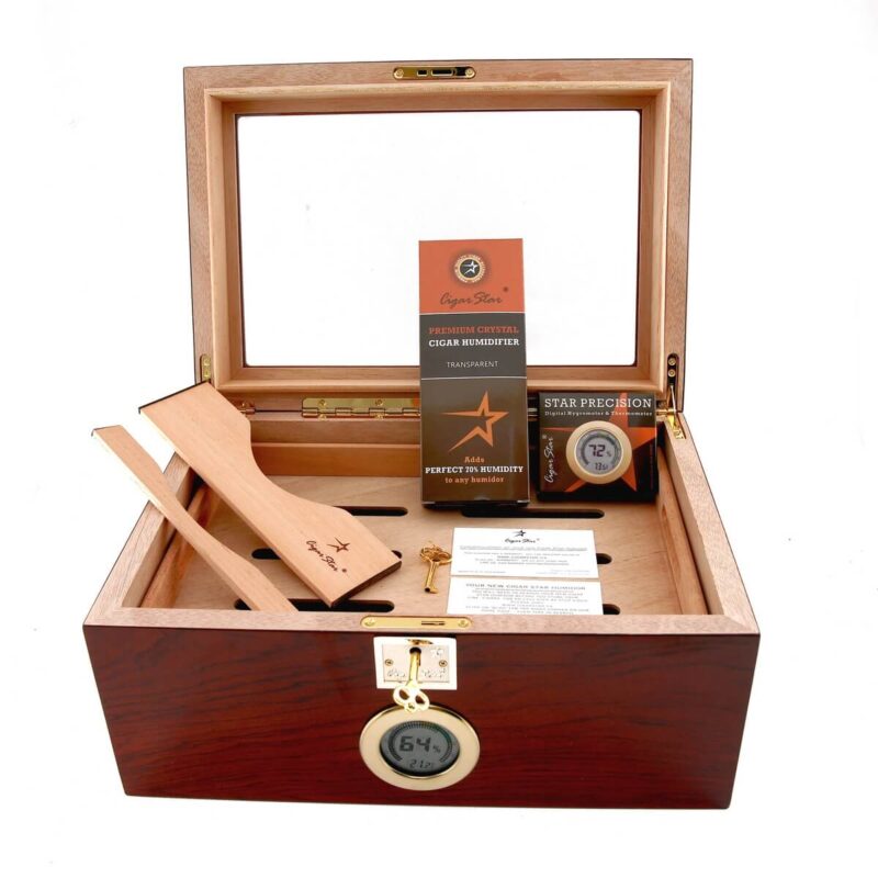 Premium cigar humidor gift set featuring cigar cutter, case, and solution