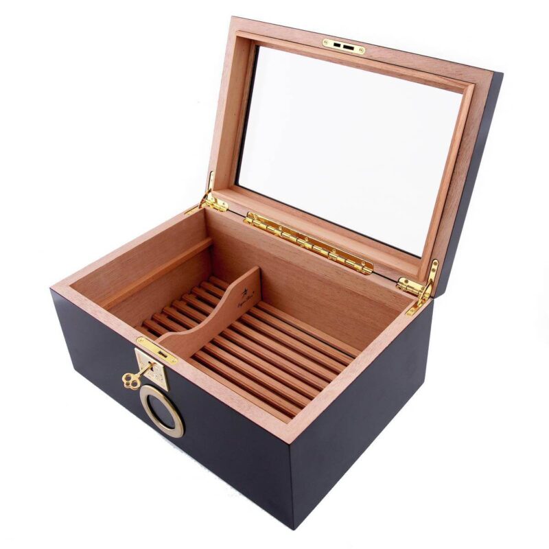 Luxury cigar humidor set with storage solution, cigar cutter, and travel case