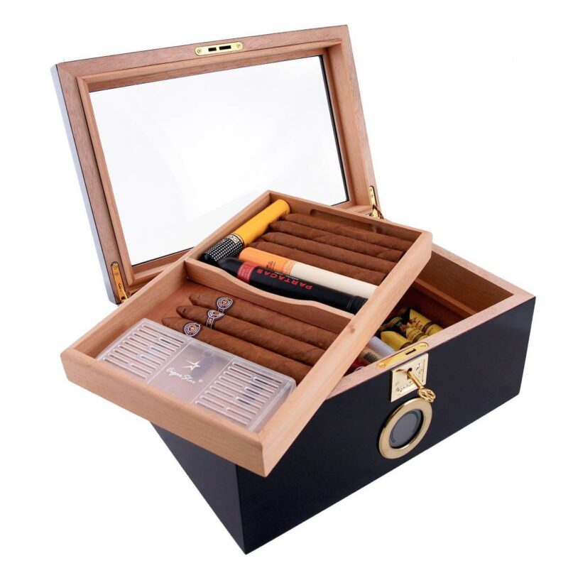Cigar lover’s gift set with humidor, cutter, cigar case, and humidifying solution