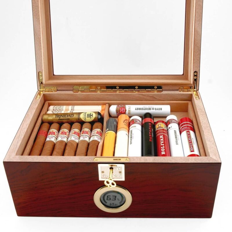 Luxury cigar humidor set with storage solution, cigar cutter, and travel case