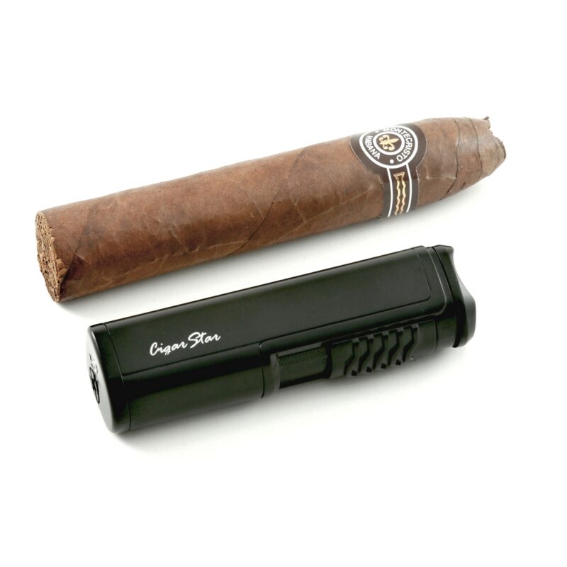 Sleek butane cigar lighter with built-in cigar rest
