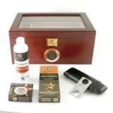 Glass-Top Humidor Gift Set with bottle of solution, cigar cutter, and case