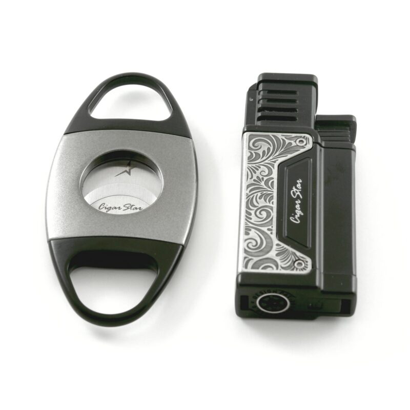 Cigar cutter and jet lighter combo in sleek gray with integrated cigar punch