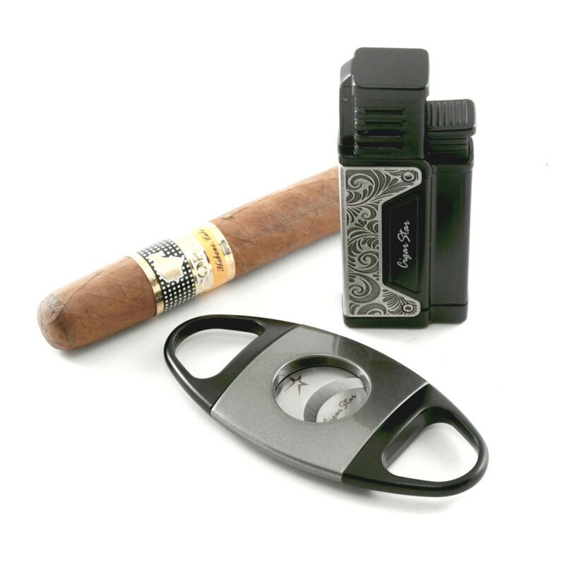 Stylish gray cigar cutter and refillable jet lighter set for cigars
