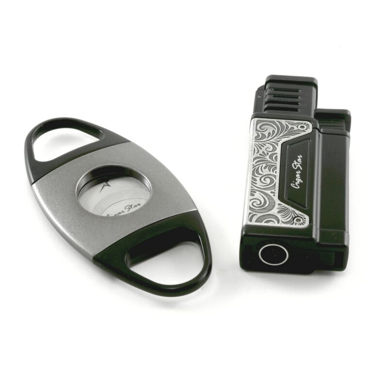Gray cigar cutter and jet lighter gift set with built-in cigar punch for cigar lovers