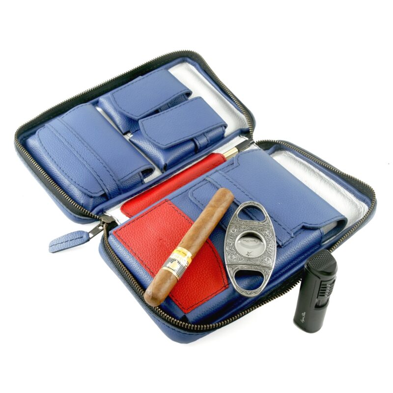 Elegant full-grain leather cigar case with secure closure for Cuban cigars.