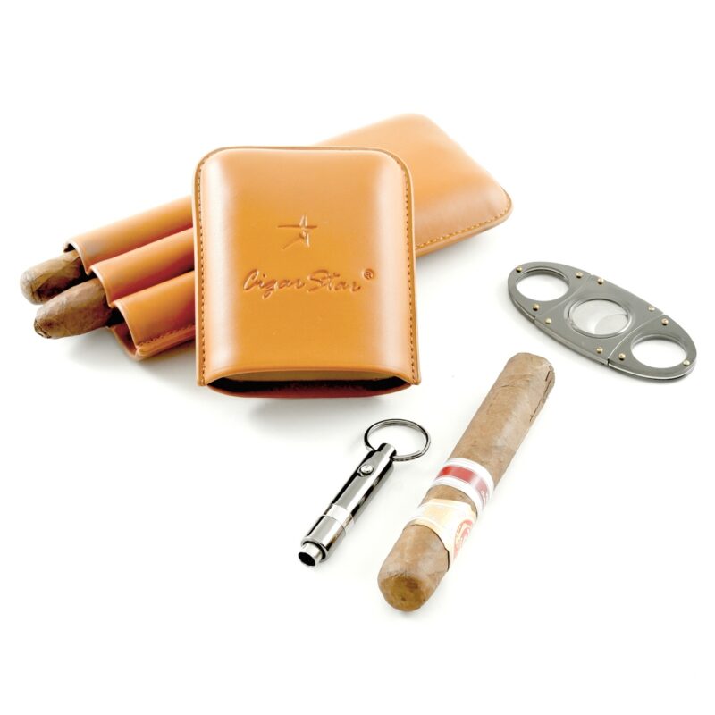 Complete cigar accessory set with leather case, cutter, and punch