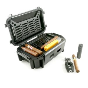 20 Cigar Travel Humidor Bundle with V Cut Cutter, Torch Lighter, and Punch