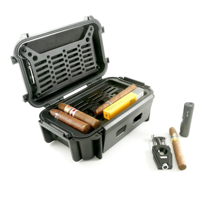 20 Cigar Travel Humidor Bundle with V Cut Cutter, Torch Lighter, and Punch
