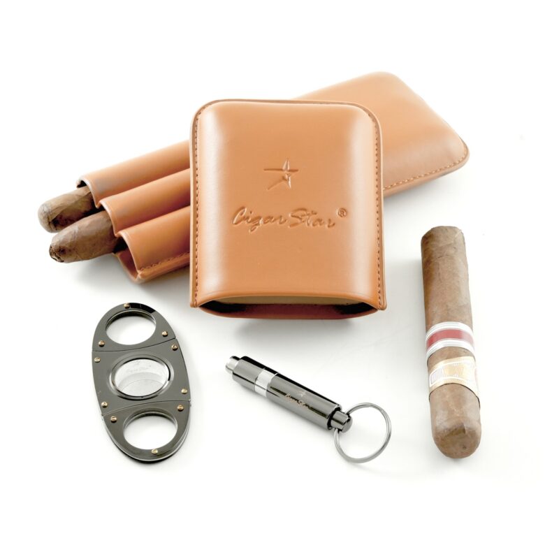Portable cigar case and accessory set with cutter and punch