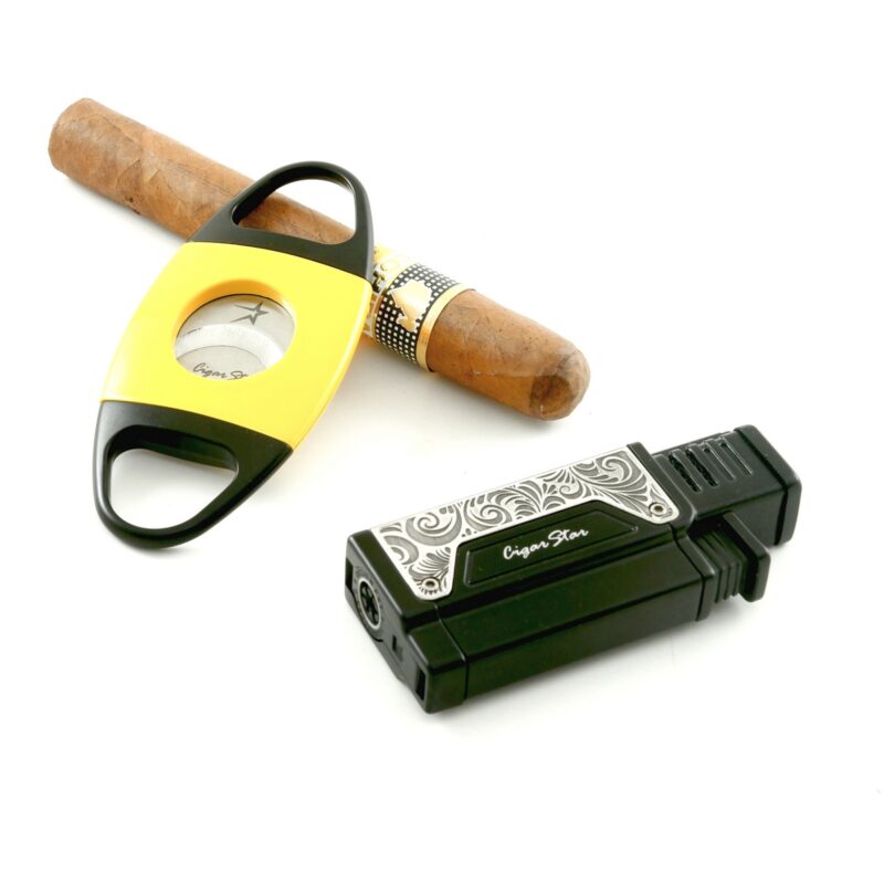 1. Sleek Cigar Star gift set featuring a cigar cutter, punch, and lighter in a premium black box, perfect for cigar enthusiasts.