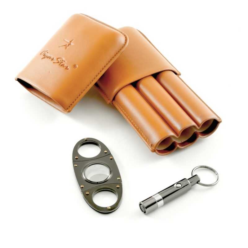 Handcrafted tan leather cigar holder for 3 cigars