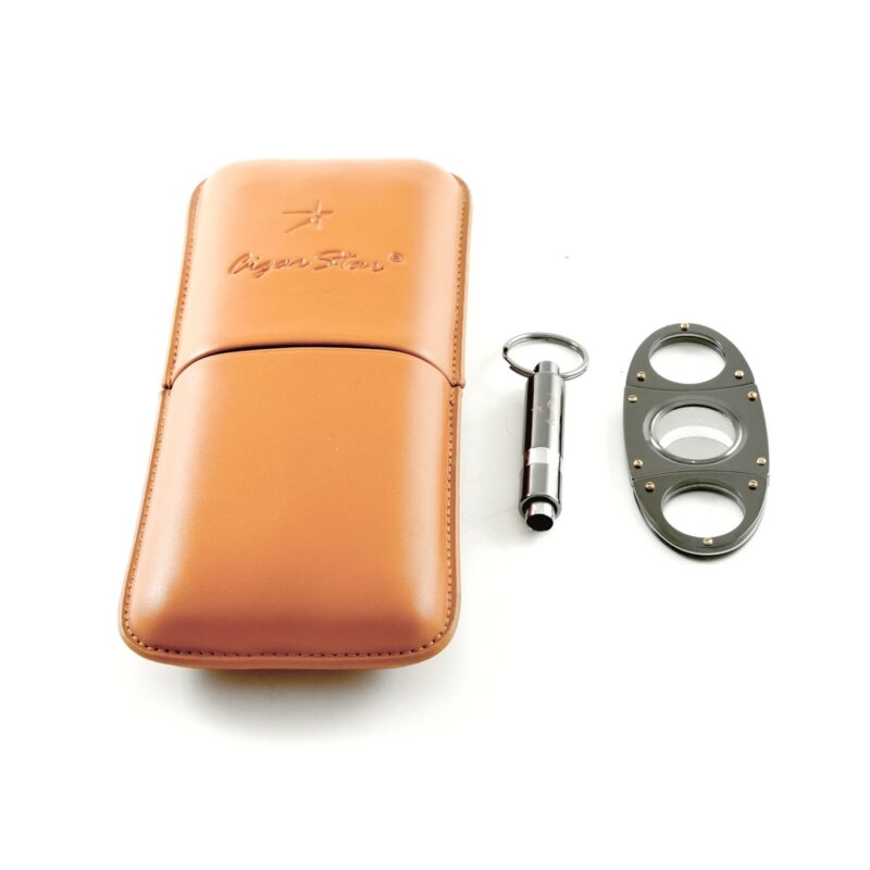 Premium tan leather cigar case for 3 cigars