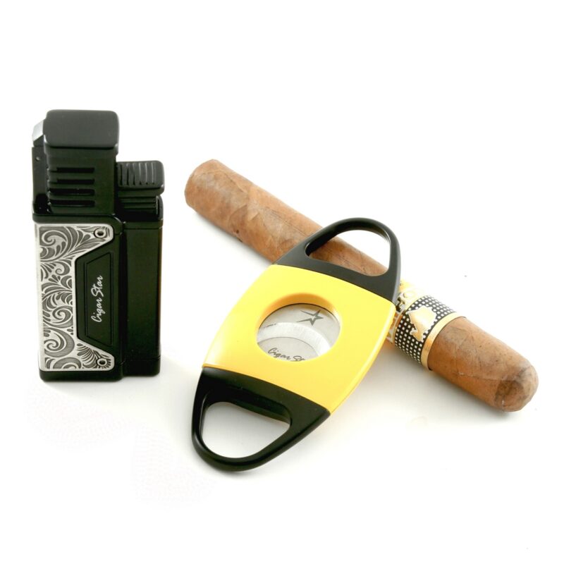 3. Elegant silver and black cigar cutter, lighter, and punch set by Cigar Star, arranged in a lined gift box.