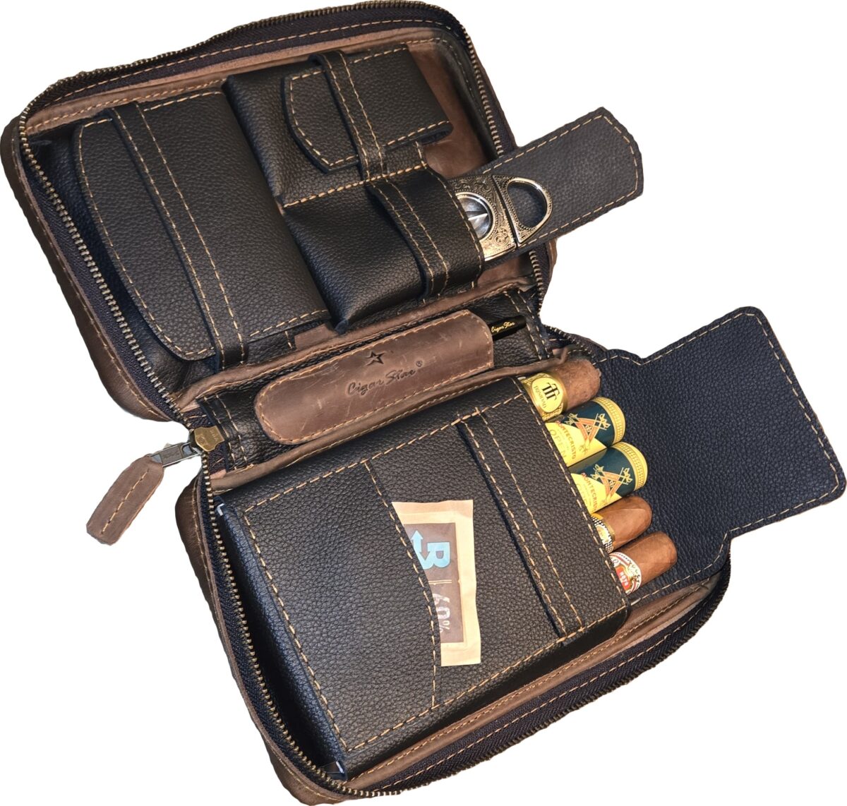 Cigar Star espresso aficionado leather cigar case interior layout